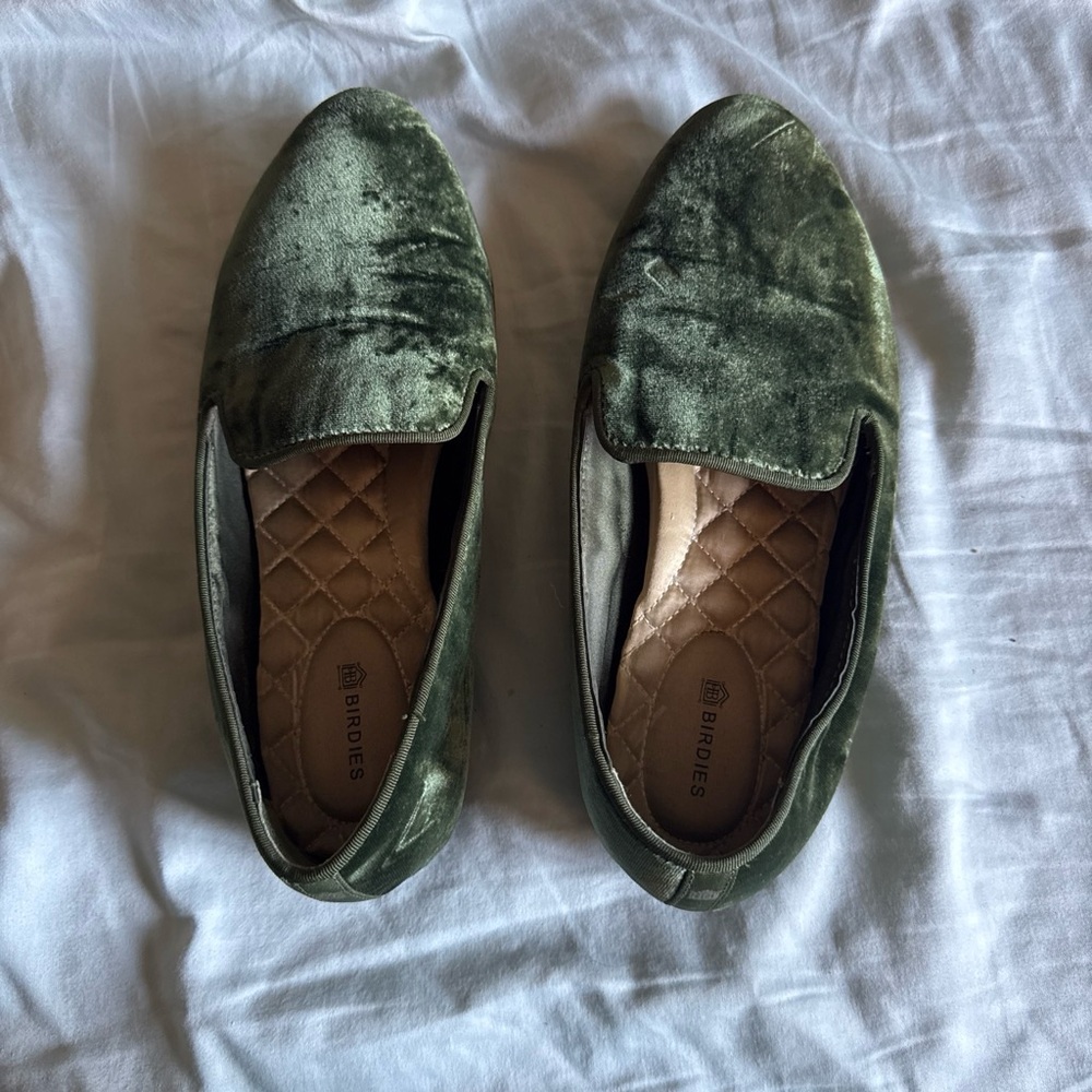 Birdies Olive Velvet Quilted Insole Loafers